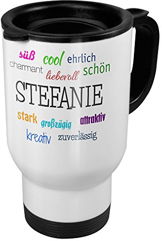 printplanet Thermobecher weiß mit Namen Stefanie - Motiv Positive Eigenschaften - Coffee to Go Becher, Thermo-Tasse