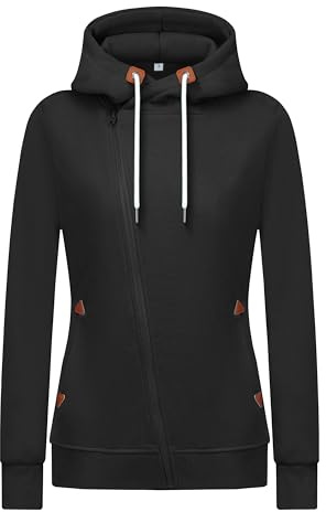 Newbestyle Women Spring and Autumn Oblique Zipper Hoodies Sweatshirt Coat, Black, L