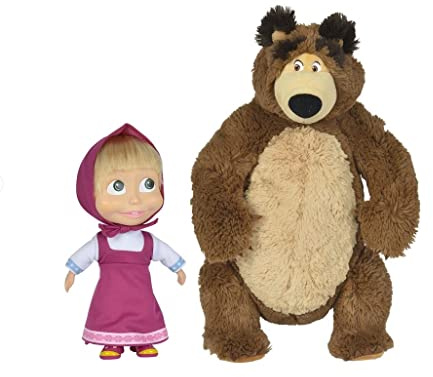 Simba 109301016 - Mascha und der Bär Set, Plüschbär kann stehen und sitzen durch bewegliche Beine, 43cm, Masha Puppe 23cm, ab 3 Jahre