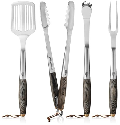 Grillaholics Premium BBQ Grillwerkzeuge - Das ultimative Grillgeschenk für Papa - Luxus 4-teiliges Grillbesteck Grillset mit Geschenkbox aus Holz