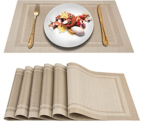 ARTAND Placemats Set of 6, Beige Woven Vinyl Placemats, Washable & Durable Table Mats, Indoor/Outdoor Use Place Mats
