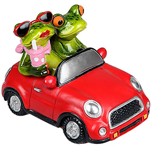 Formano Deko-Froschpaar im Auto, Höhe: 100 mm, Länge: 140 mm, aus Kunststein, Hellgrün-Rot, 1 Stück, von Hand Gefertigt und Bemalt