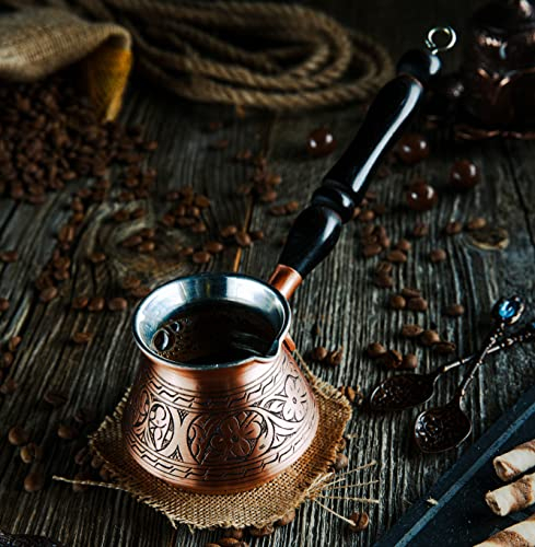 DEMMEX Thick Copper Turkish Greek Arabic Coffee Pot 300ml, Traditional Hand Engraved Cezve Ibrik Briki with Wooden Handle & Spoon, Handmade in Turkey (Matte)