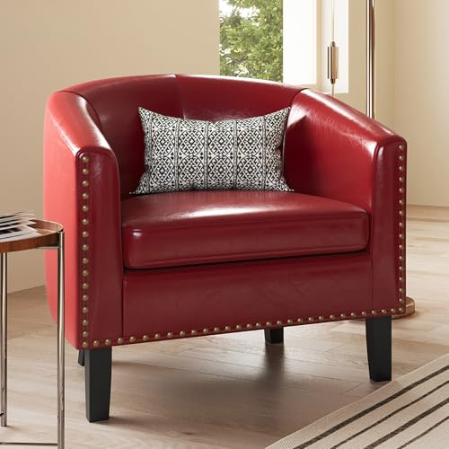BELLEZE Accent Barrel Chair, Modern Tub Club Chair Upholstered Armchair for Living Room, Faux Leather Chair with Gold Nail Head Trim Black Legs - Kyara (Red)