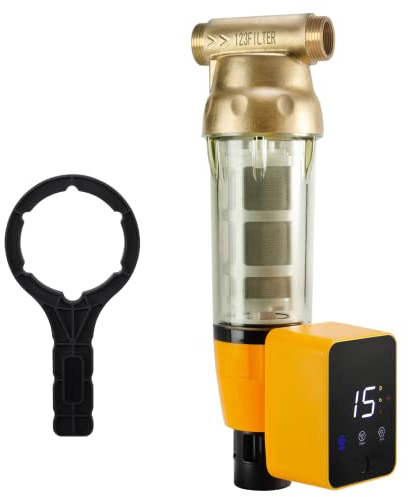 iSpring WSP50ARB Spin Down Sediment Water Filter, Reusable with Touch-Screen Auto Flushing Module and Built-in Housing Scraper, Brass Top Clear Housing, 50 Micron