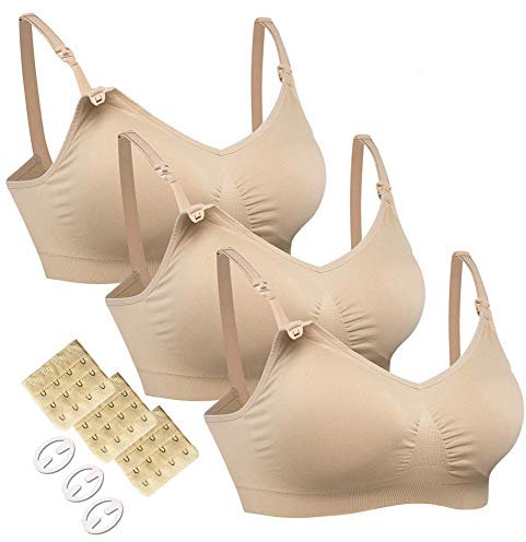 HOFISH Maternity Nursing Bras Seamless 3 Pack Sleep Bralette for Breastfeeding with Free Bra Extenders & Clips(Beige,L)