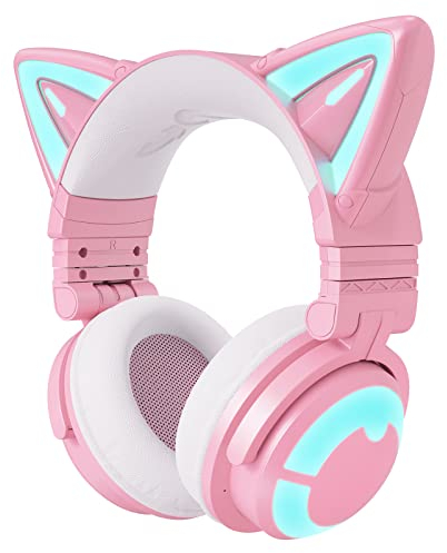 YOWU RGB Cat Ear Headphone Wireless 5.2 Foldable Gaming Headset with SoundMage Acoustic System, Built-in Mic & Customizable Lighting and Effect via APP, Designed for Gamer Girls (3G, Pink)