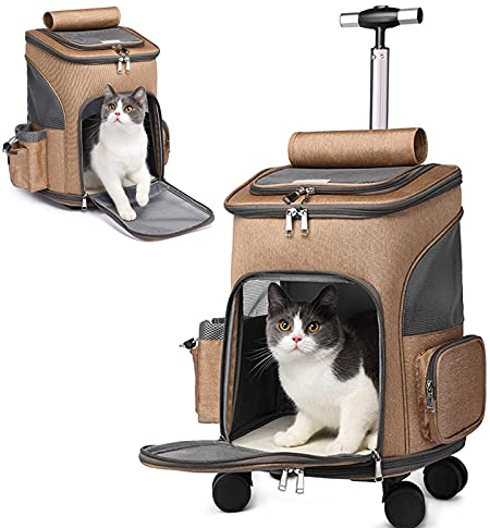 PJDDP Hunderucksack Hundetrolley Transporttasche Tragetasche Für Haustiere, Mit Griff Und 4 Rädern,Gepäcktasche Transportbox Faltbarer Für Hunde Katze Bis 10 Kg Outdoor Reise, 32 x 26 x 49cm,Braun