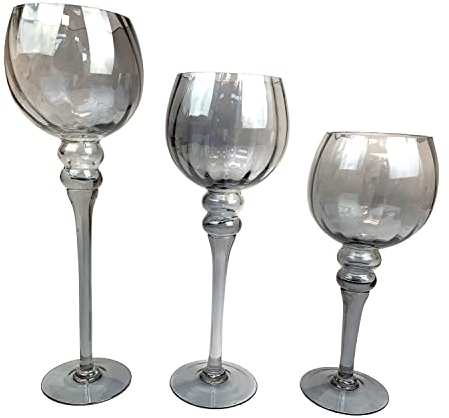 Koopman 3tlg. Set Glaskelch Windlicht Kelche H40/35/30cm Grau Rillenoptik, Kerzenhalter Kerzenständer Teelichthalter