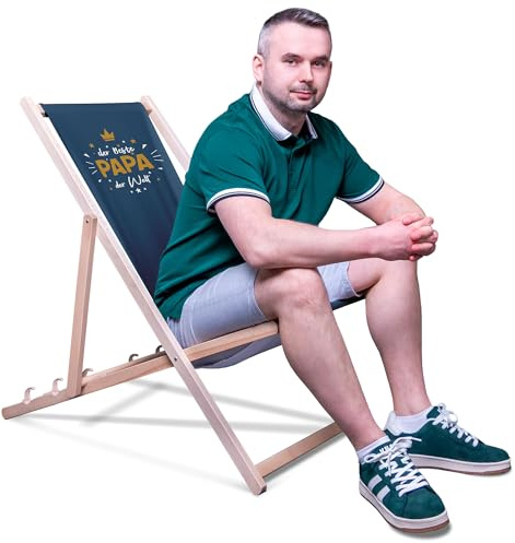 DreamRoots Vatertagsgeschenk Liegestuhl Holz klappbar, mit Spruch | Vatertagsgeschenk, Klappliegestuhl Holz Buchenholz, bis 130 kg, verstellbar, waschbarer Bezug, für Garten & Terrasse