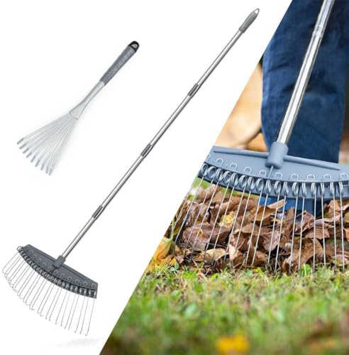 Altdorff Rastrillo de paja ajustable de 17 a 63 pulgadas, rastrillos de hojas de metal eficientes, ancho con 24 dientes de acero duraderos, rastrillos ligeros de jardín utilizados para mantillo, hojas