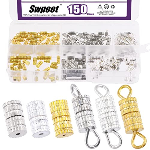 Swpeet 150Pcs 2 Styles Gold Silver White K Barrel Screw Twist Clasp Assortment Kit With and Without Ring for Necklace Bracelet DIY