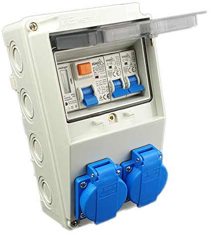 RoadEu - Distributore cablato da cantiere 2x 230 V presa con contatore distributore di potenza con fusibili e prese Schuko magnetotermico differenziale 25A e interruttore 2 x C16A