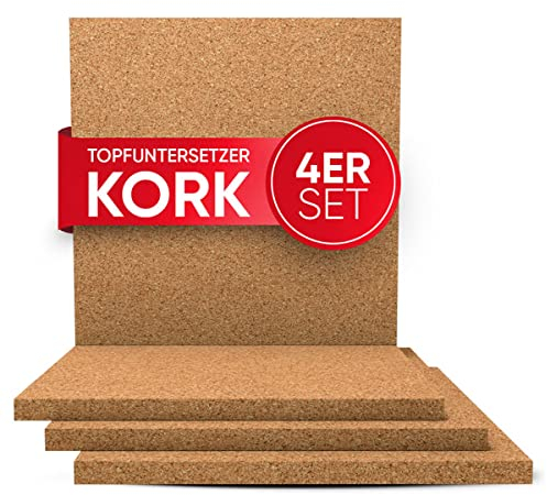 wortek Topfuntersetzer Kork Untersetzer Topf – 4er Set Korkuntersetzer eckig, 19cm Durchmesser - Raclette Untersetzer Topfuntersetzer hitzebeständig Untersetzer Topf Kork