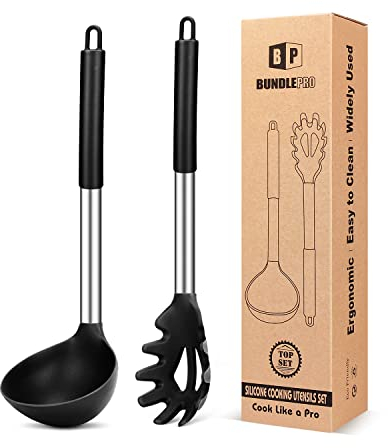 Silikon Pasta Gabel und Pfanne Löffel Set, große Antihaft Küchenutensilien zum Kochen, Rühren, Servieren Spaghetti, Suppe, Sauce