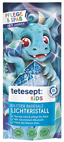 tetesept KIDS Glitzer Badesalz Lichtkristall – Kinderbad mit Meersalz, magischem Glitzereffekt und pflegender Rezeptur – zauberhafter Badezusatz färbt das Wasser blau – 10 x 40 g