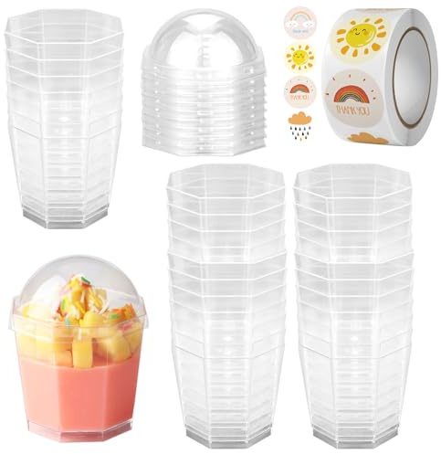 Lot de 50 tasses à dessert en plastique de 160 ml avec couvercles, cuillères et autocollants, fête d'anniversaire, cheesecake