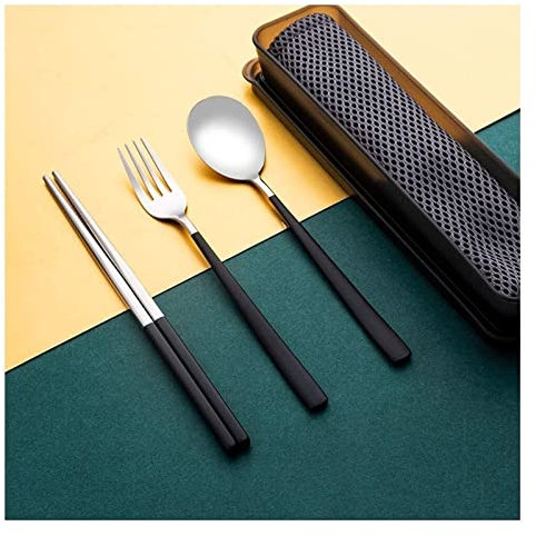 NISMIA Chopsticks for Beginners, Chopsticks Reusable Chopsticks Spoon Set 304 Stainless Steel Fork Student Storage Box With Three-piece Set Single-use Tableware Portable (Color : A)