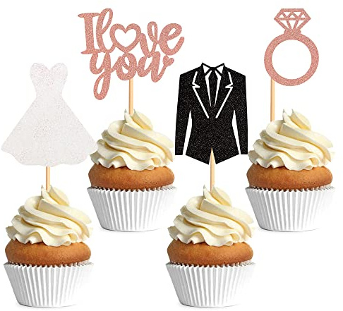 24 PCS Hochzeit Cupcake Toppers Glitter Party Cupcake Toppers Herr und Frau Kuchen Topper Braut und Bräutigam für Brautdusche verheiratet Bachelorette Engagement Party Dekorationen