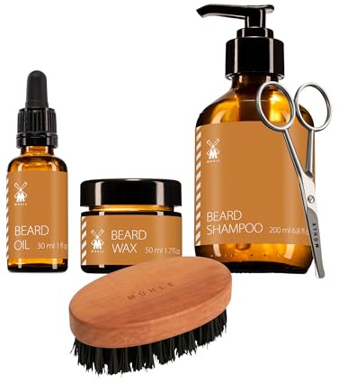 MÜHLE Beard Care Bundle - 5 tlg. Set aus Shampoo, Pflegeöl, Wachs, Bartbürste und ergonomischer Edelstahlschere