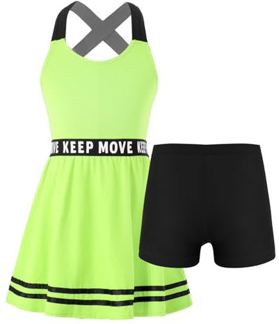 Alvivi Mädchen Tennis Kleider Sport Kleid mit Shorts Sport Golf Tennis Kleid Ballett Tanzkleid Yoga Outfits Sport Trainingsanzug Leuchtendes Grün 152