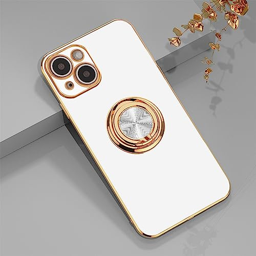 EYZUTAK Electroplated Magnetic Ring Holder Case for iPhone 14, 360 Degree with Rotation Metal Anti-fall Finger Ring Holder Magnet Car Holder Slim Soft Silicone Shockproof Cover - White