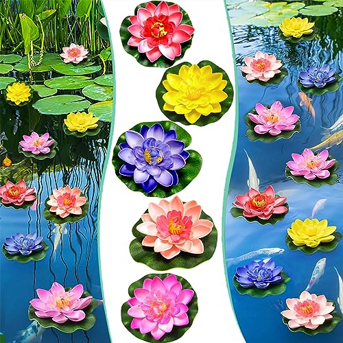 Simsky Fiori di Loto Finti Ninfee, 5 Pezzi Fiori Galleggianti per Piscina da 10 cm, Impermeabile Fior di Loto Finti per Decorazioni, per Casa Giardino,Laghetti,Fontane,Ruscello,Piante Finte Acquario
