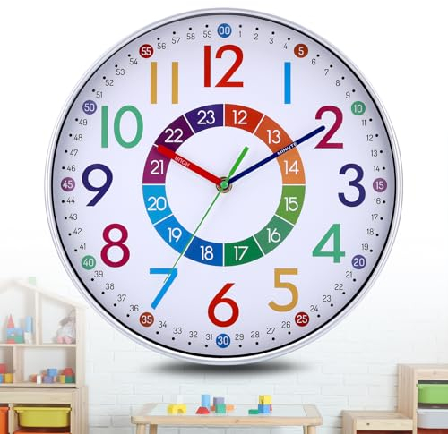 JIZZU Orologio da Parete Bambini Educativo Silenzioso, Orologio da Parete Colorato 30cm, Facile da Leggere, Creativo Moderno Design Senza Ticchettio per Cameretta Bambini Soggiorno Scuola