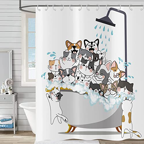 Duschvorhang Lustig 120x200, Hnmdmyi Cartoon Tier Katze und Hund Kinder Duschvorhänge Bunte Liebenswert Urkomisch Haustiere Badewanne Vorhang Wasserdicht Polyester Stoff Waschbar Badevorhang mit Haken