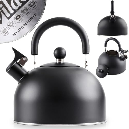 Vilde Edelstahl Wasserkessel Induktion - 3 L Matt Schwarz - Bequemer Griff - Für Alle Herdarten Einschließlich Induktion - Flötenkessel Gasherd - Klappbare Pfeife - Energieeffizient - 23 cm Höhe