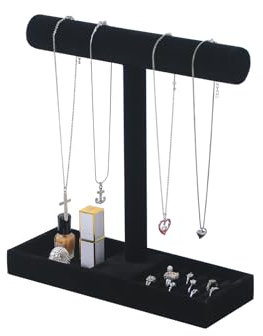 Justsoso Multi-Use Jewelry HolderStand Necklace Bracelet Ring Organizer Velvet Jewelry Holder with Tray for Women Girls Home Use (Black Color)