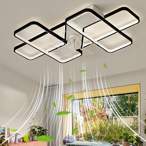 Ventiladores De Techo Con Luz Led Regulable, Ventilador De Techo Con Luz Y Mando APP Timer, Lámpara Ventilador Techo Grande Silencioso Reversible Salón, Comedor Cocina Moderno 78w, 90cm-black