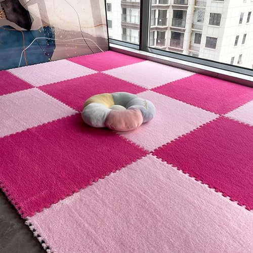 LULUMAIC 10 Stück weiche Puzzle-Schaumstoff-Bodenmatte, quadratische ineinandergreifende Teppichfliesen, Plüsch-Spielmatte, Spielzimmer, Schlafzimmer, 30,5 und 61 cm (Rosarot + Rosa, 61 x 61 x 0,6
