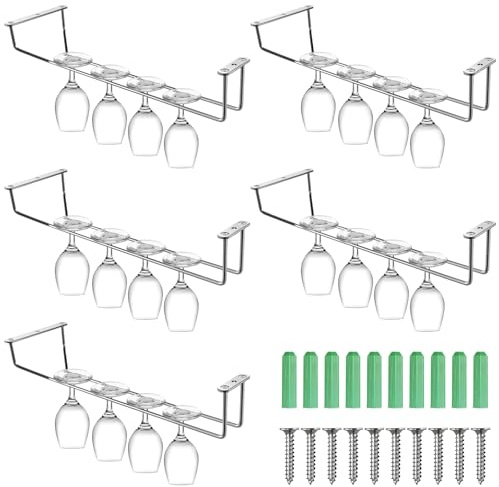Lemecima 5 Pack Wine Glass Rack Stainless Steel Wine Glass Holder, 14inch Hanging Stemware Rack for Bar Kitchen Cabinet