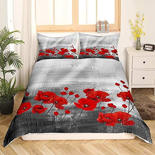 Homemissing Coquelicot Rouge Imprimer Housse de Couette 240x260cm Aquarelle Floral Art Parure de Lit Ensemble Femmes Fille Romantique Plante Nature Ensemble de literie Gris Rouge Microfibre Literie