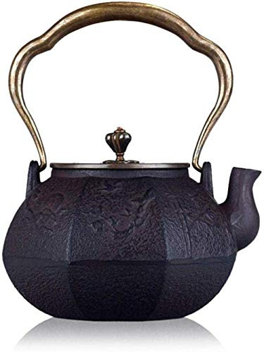 KG7HQRP Service à thé en fonte bouilloire 1100 ml ese Craft Iron Pot huit vues en fonte Pot en fonte non revêtue Vieux pot en fer fait à la main Bouilloire en cuivre Couvercle en cuivre Bouteille en