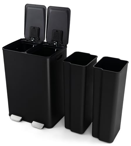 COSTWAY Mülleimer 2 Fächer, 2 x 30L Abfalleimer Küche, Tretmülleimer mit sanft schließendem Deckel, Mülltrennsystem inkl. 2 Desodorierungsfächer, aus Edelstahl und Kunststoff (Schwarz)