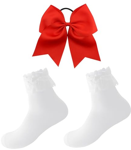 Schleife Haargummi Rot Große, Rüschen Spitze Knöchelsocken Baumwolle, Schleife Haarseil Cheerleader Haarschmuck Kopfbedeckung für Damen Mädchen Weihnachtsfeier, Karneval Motto Party