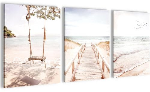 Novart Wandbilder Set Strand Meer Boho - KOMPLETT AUFHÄNGFERTIG - Wohnzimmer Schlafzimmer Flur Deko - 3 Moderne Bilder Beige - N038135b