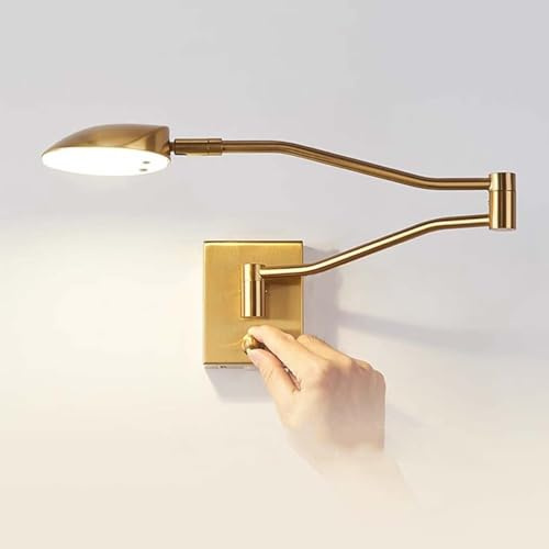 AoLa Schwenkarm Wandlampe LED Verstellbarer Lange Wandleuchte mit Schalter lnnen 9W Dimmbar Nachttischlampe Modern Metall Wand Leselampe für Schlafzimmer Wohnzimmer Study, 4000K Warmweiß,Gold