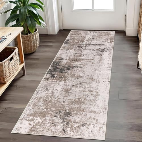 Cekene Runner Rugs for Hallway Non-slip Taupe 65x180cm Washable Kitchen Rug Thin Distressed Hallway Runner Mat Low Pile Floor Carpet for Entrance Bathroom Laundry Bedroom