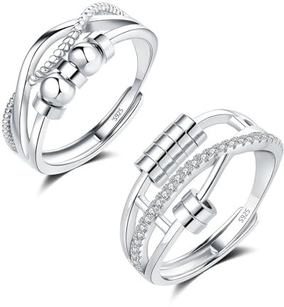Glintara 925 Sterling Silber Anxiety Ring, 1 Paar Silber Anti Stress Ringe mit Perlen Set, Unendlichkeit Spinner Fidget Paar Ring, Offen Einstellbar Dekompressionsringe Partnerringe für Damen Unisex