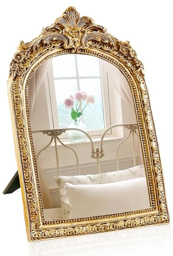 YUSONG Vintage Desk Mirror – 7 Gold Antique Tabletop Mirror with Resin Frame, Decorative Wall Art for Living Room Bedroom Vanity Desk Decor, Birthday Gift