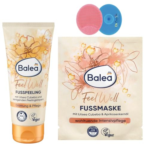 Balea - Set di 2 peeling piedi Feel Well Litsea Cubeba, 100 ml + maschera piedi Feel Well Litsea Cubeba & olio di noccioli di albicocca, 15 ml + bonus 1 spugna in silicone