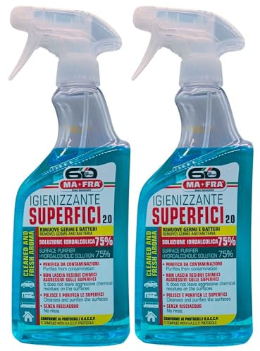 Detergente Spray IGIENIZZANTE SUPERFICI 2.0, Soluzione Idroalcolica 75%. Rimuove Germi e Batteri, Purifica Da Contaminazioni, Non Lascia Residui Chimici Aggressivi Sulle Superfici 500ml (2 Spray)