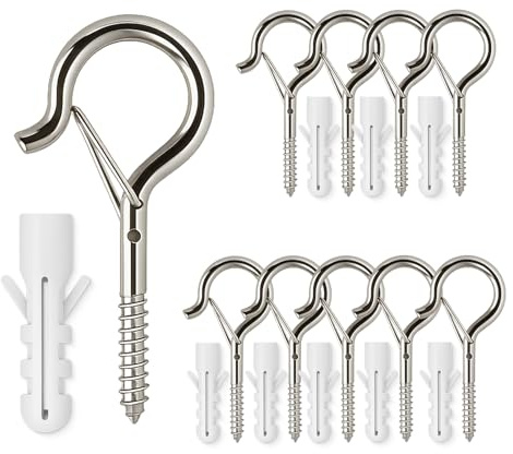zizitips Ganchos roscados de acero inoxidable 304 con cierre de seguridad, ganchos de pared y techo antióxido y anticorrosión, lote 10 unidades, fijación firme para interior y exterior