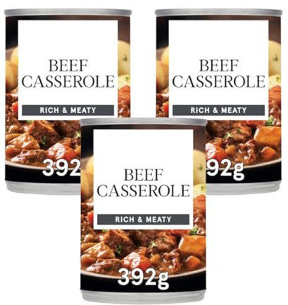 Beef Casserole, Rich & Meaty, 392g, Pack Of 3, Rich beef casserole featuring tender chunks of meat and vegetables in a thick, flavourful gravy, perfectly portioned at 392g per tin