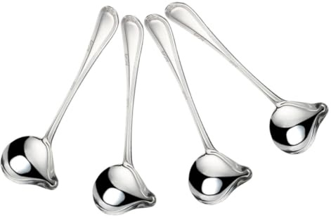 DECOMELODY 4 Piezas Cucharas para Salsa de Acero Inoxidable Cucharón Pequeño con Mango Ergonómico Diseño Antihumedad para Cocina y Restaurantes Fácil Limpieza Rápida Acero Pulido Resistente
