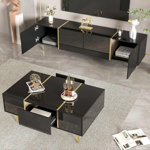 PUGSDRLY Ensemble Meuble TV et Table Basse 170×35×46cm/100×60×41,5cm, Design Noir Brillant avec Accents Dorés, Comprend 4 Portes et 2 Tiroirs, Compatible avec Robot Aspirateur (Black, Set)