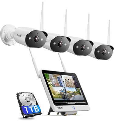 ZOSI 2K Wi-Fi 6 CCTV Camera System Outdoor Indoor with 12-inch LCD-Monitor NVR, 1TB HDD, 4x 3MP WLAN Security Camera with 2-Way Audio, AI Face Detection, Color Night Vision
